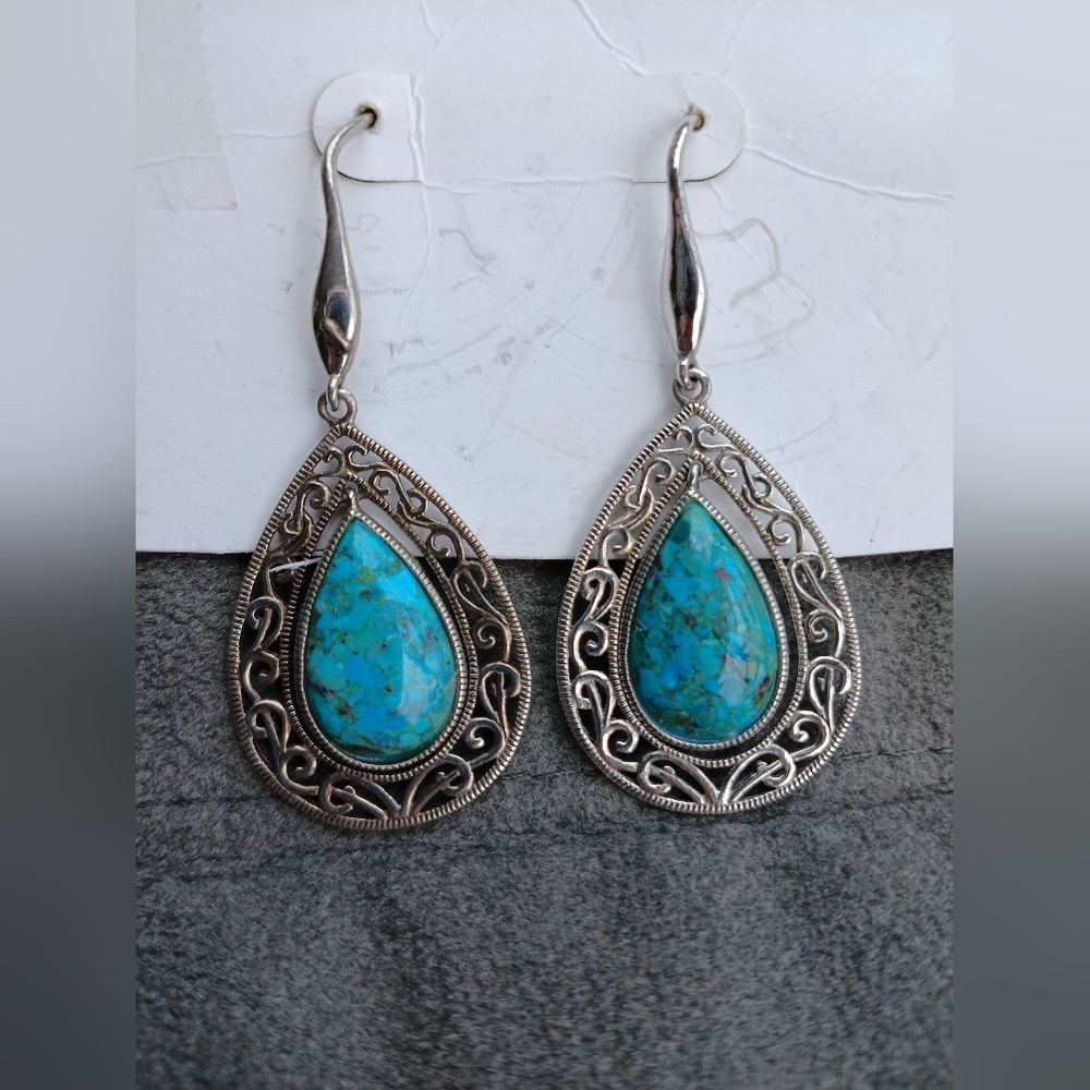 Turquoise & Sterling Silver Filigree Teardrop Earrings